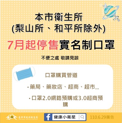 配合中央防疫措施 中市衛生所7月1日起停售實名制口罩