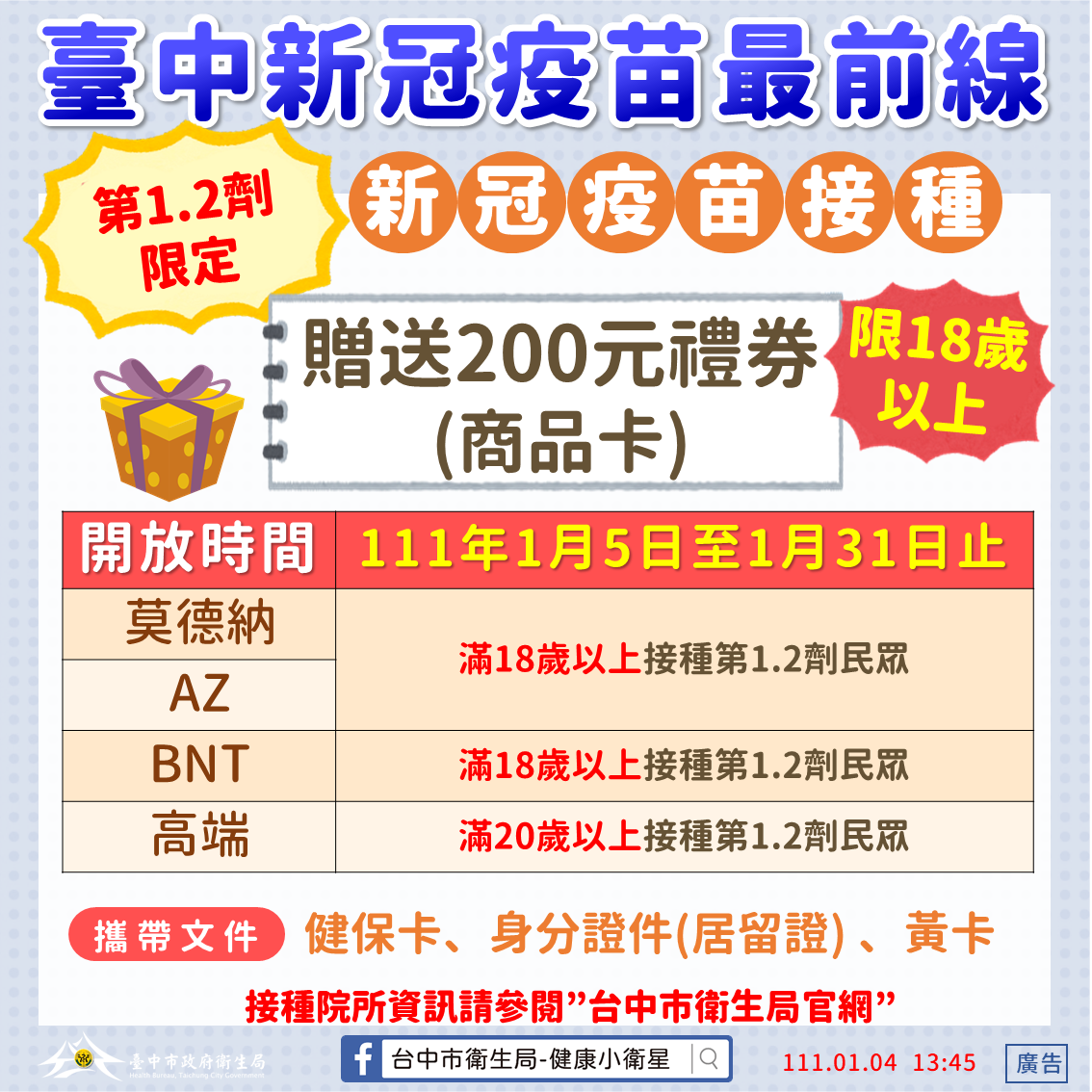 中市府再加碼「疫苗接種禮」 明起施打前兩劑均發200元禮券